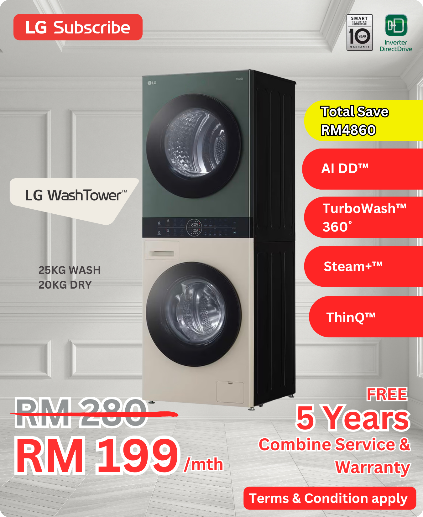 LG WashTower 25KG/20KG WT2520NHEGR
