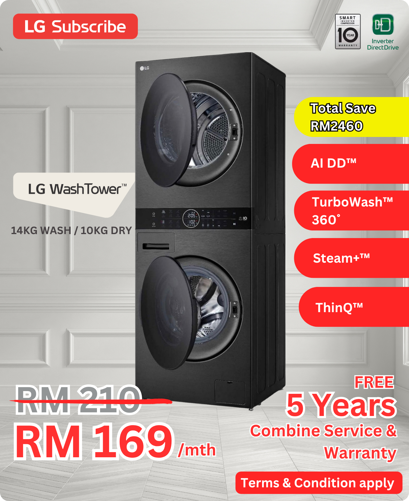 LG WashTower 14KG/10KG WT1410NHB