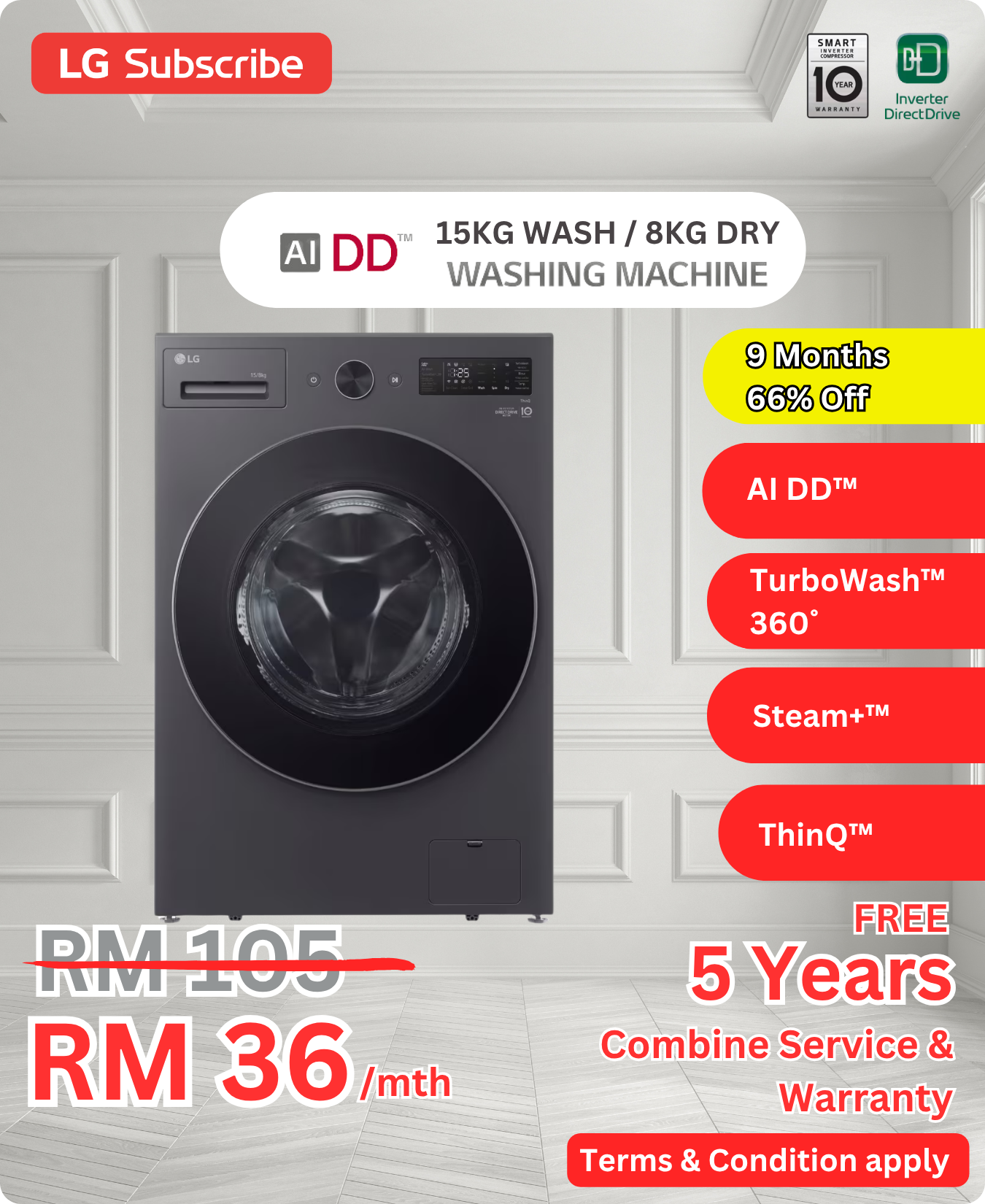 LG AI DD 10KG Wash 6KG Dry FV1410H3P