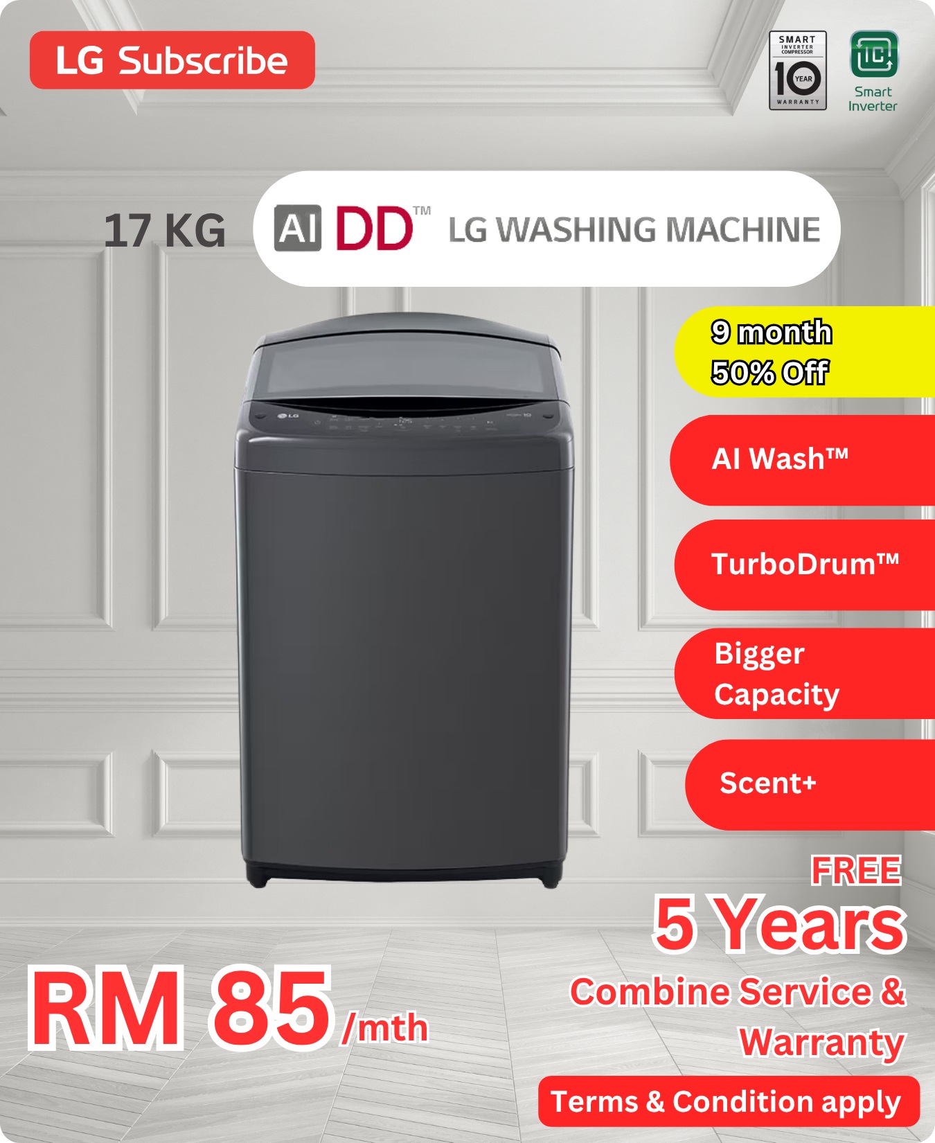 LG AI DD 17KG Top Load Washing Machine