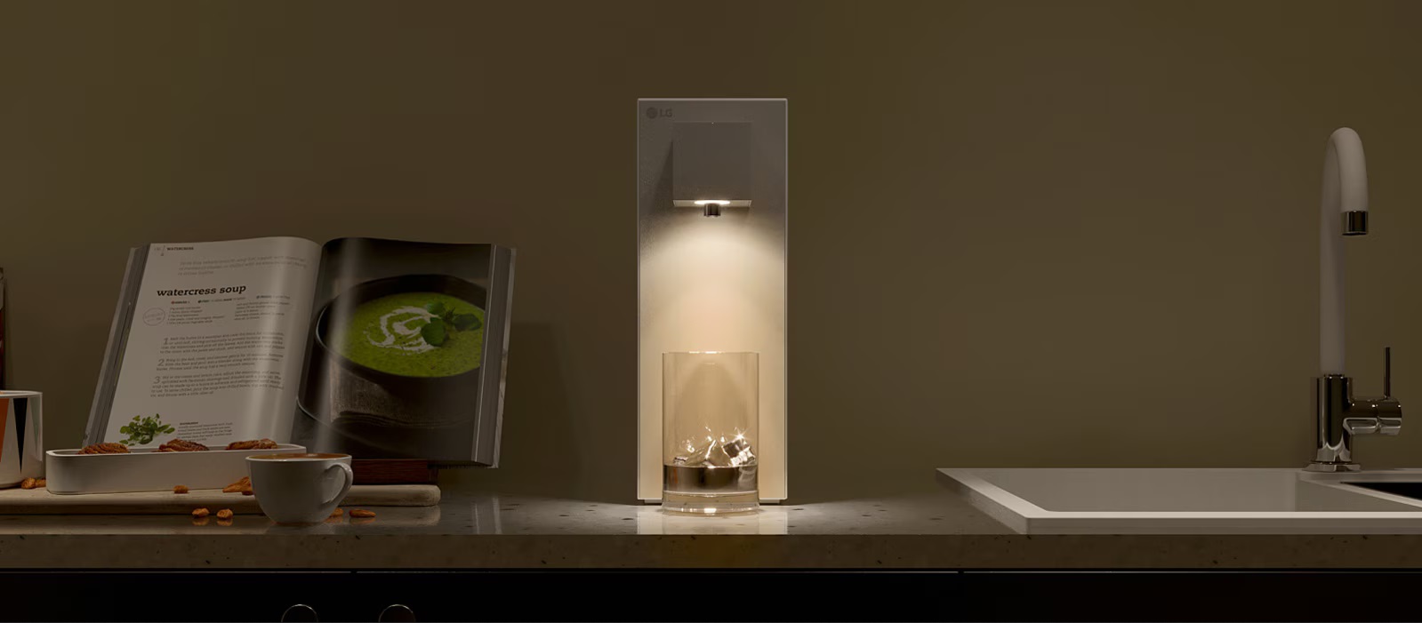 LG Water Purifier Mood Lighting in dark kitchen ambiance
